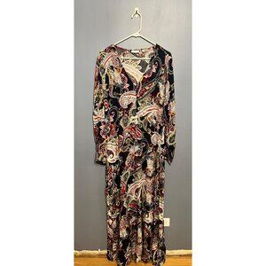 New York & Company Multi Color Paisley Long Sleeve Maxi Dress V Neck Size XL NWT